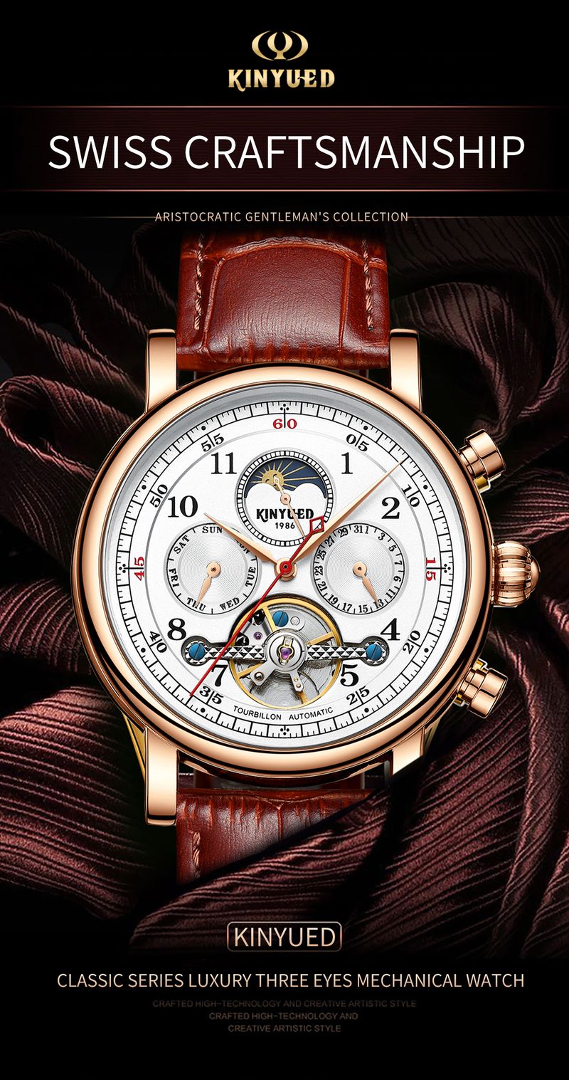 KINYUED Orologi da uomo di lusso, orologio meccanico automatico con fasi lunari, design cavo, cinturino in pelle, orologio da polso da uomo_voghion.com