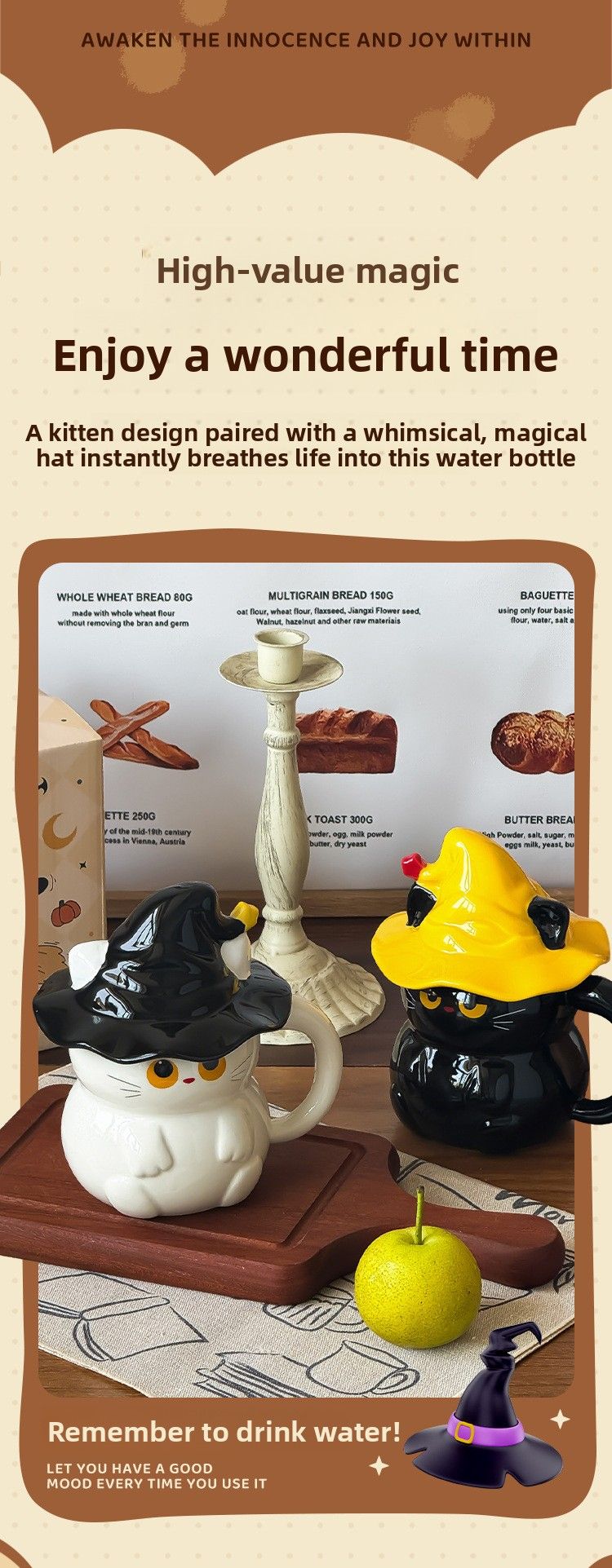 Keramikbecher mit Geisterkatzenmotiv und Deckel – Wasser für Frauen – Neu 2025 – Hochwertiger Becher – Geschenkidee für Zuhause_voghion.com