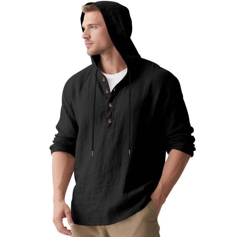 Lente en herfst lang mouwen linnen overhemd heren capuchon casual losse T-shirt trui heren_voghion.com