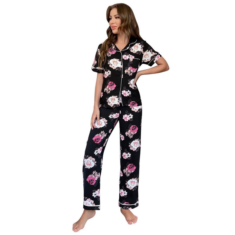 Pyjama Dames Zomer Plantenprint Korte Mouw Shirt Lange Broek Tweedelige Set Huiskleding Pamas_voghion.com