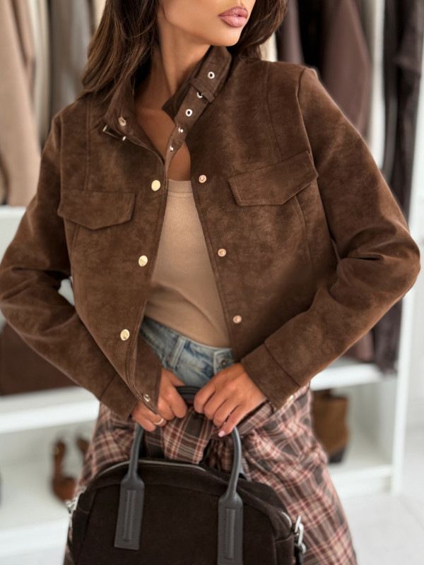 Women's Zip-Up Suede-Like Jacket – Trendy Sleeveless Top With Princess Sleeves & Polo Collar_voghion.com