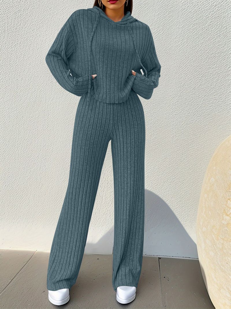 Damenbekleidung Neuer gestrickter Langarmanzug für Damen mit Kapuzenpullover und lockerer Hose Street Style Home Zweiteiliger Anzug_voghion.com