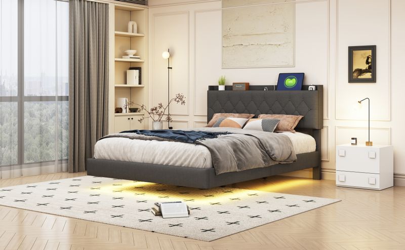 Polsterbett 140x200cm Con USB-Ladefunktion, LED, Leinenstoff Grau_voghion.com