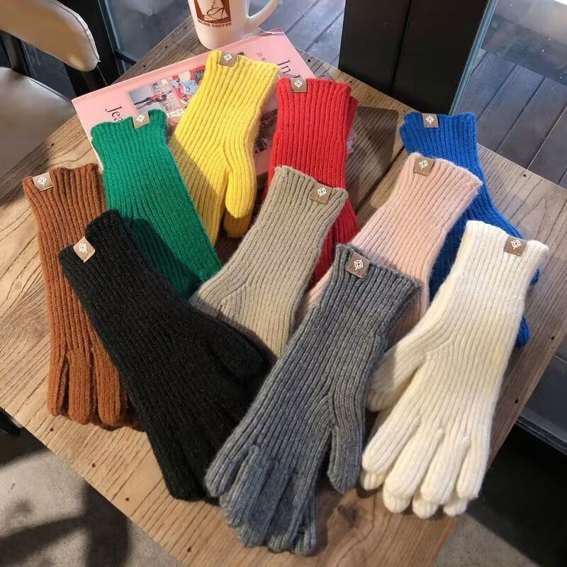 Solid Color Knitted Label Women's Gloves Fingerless Touchscreen Cold-Proof Harajuku Style Autumn Winter Warm_voghion.com