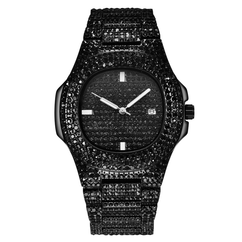 Herrenuhr mit Diamanten im Hip-Shop-Design, Legierungsband und Datumsanzeige_voghion.com