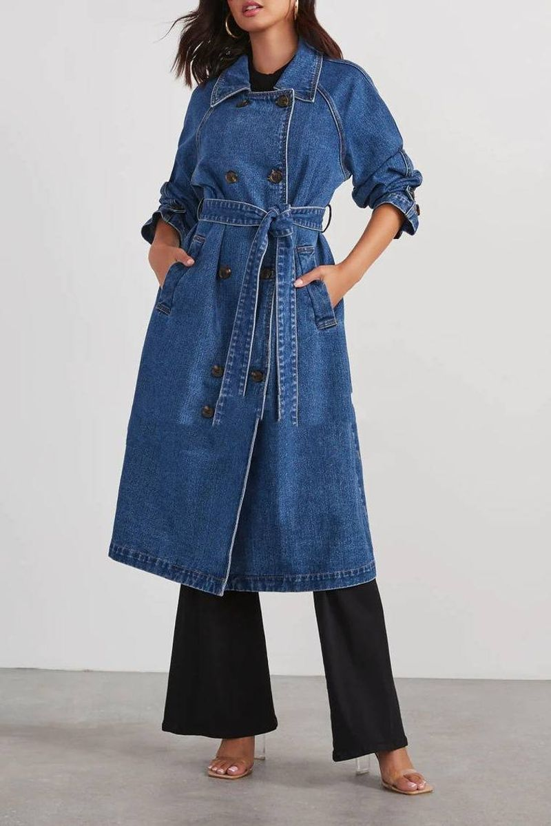 Damenbekleidung Windjacke Denim Baumwolle einfarbig Doppeltasche langer Knopf lockerer Mantel_voghion.com