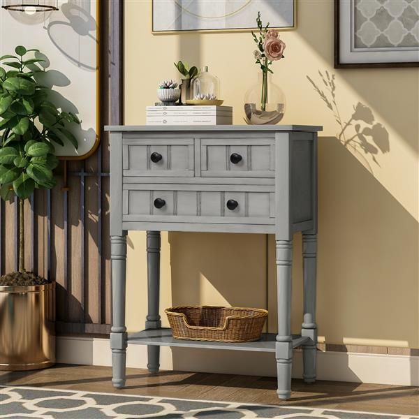 Narrow Console Table, Slim Sofa Table With Three Storage Drawers And Bottom Shelf For Living Room, Easy Assembly (Gray Wash)_voghion.com