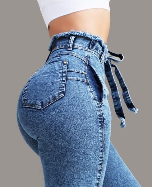 Damenbekleidung Jeans Slim Fit Stretch Quaste Gürtel High Waist Jeans für Damen_voghion.com