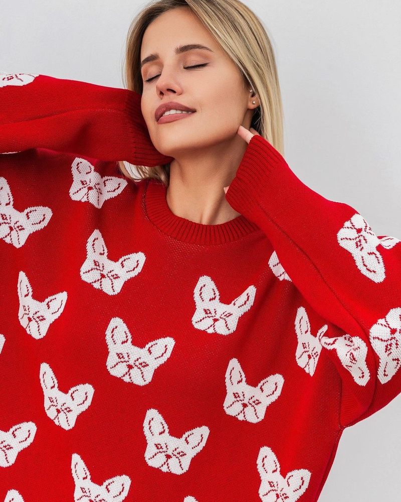 Suéter de cuello redondo con jacquard y cabeza de perro para mujer, nuevo estilo de otoño e invierno, estilo perezoso, suéter holgado, chaqueta_voghion.com