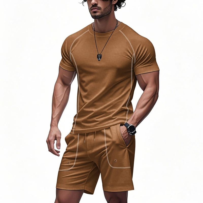 New Summer Men Running Fitness Tights Set Training Short Sleeve Shorts Set_voghion.com