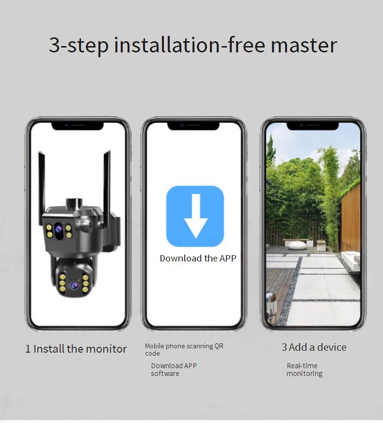 Telecamera di sicurezza per esterni a doppio obiettivo - 2K HD con protezione impermeabile e dai fulmini (visione panoramica a 360°, visione notturna, rilevamento del movimento)_voghion.com