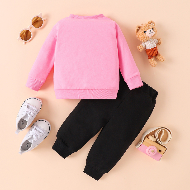 Mother&Kids Round neck long sleeve printed letter top and black trousers baby girls casual two-piece suit_voghion.com