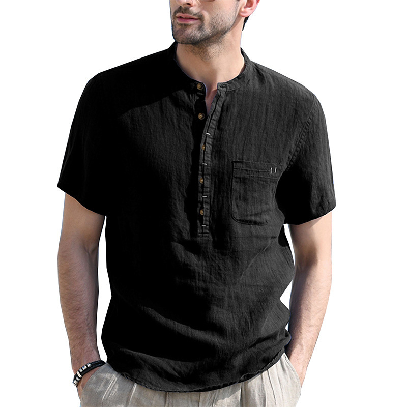 Camicia uomo manica corta tinta unita collo Henry, camicia da uomo in cotone e lino_voghion.com