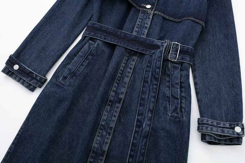 Langer Denim-Trenchcoat für Damen im Herbst mit Gürtel – Oberbekleidung, Trenchcoat, Oversize-Jacke, Freizeit- und Bürokleidung_voghion.com