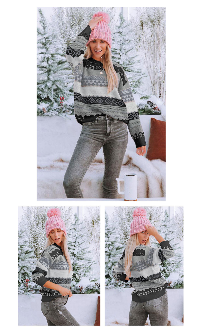 Women's clothing retro pattern diamond jacquard multi-color stitching sweater Halloween pullover sweater for women_voghion.com