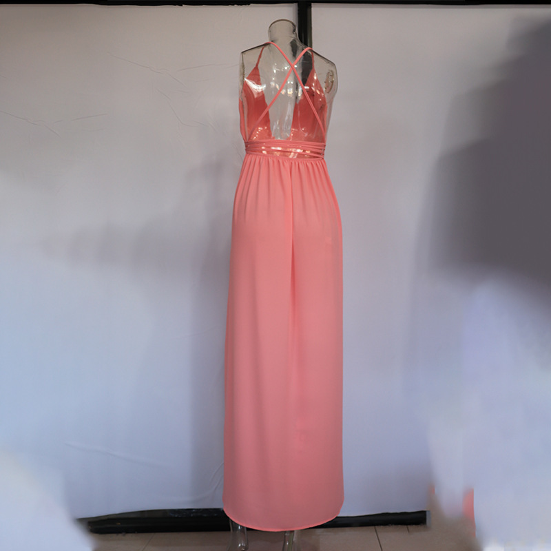 Pralles großes rotes V-Ausschnitt-Unterhemd im Urlaubsstil, rückenfreies Chiffon-Kleid im französischen Bohemian-Stil für Damen_voghion.com