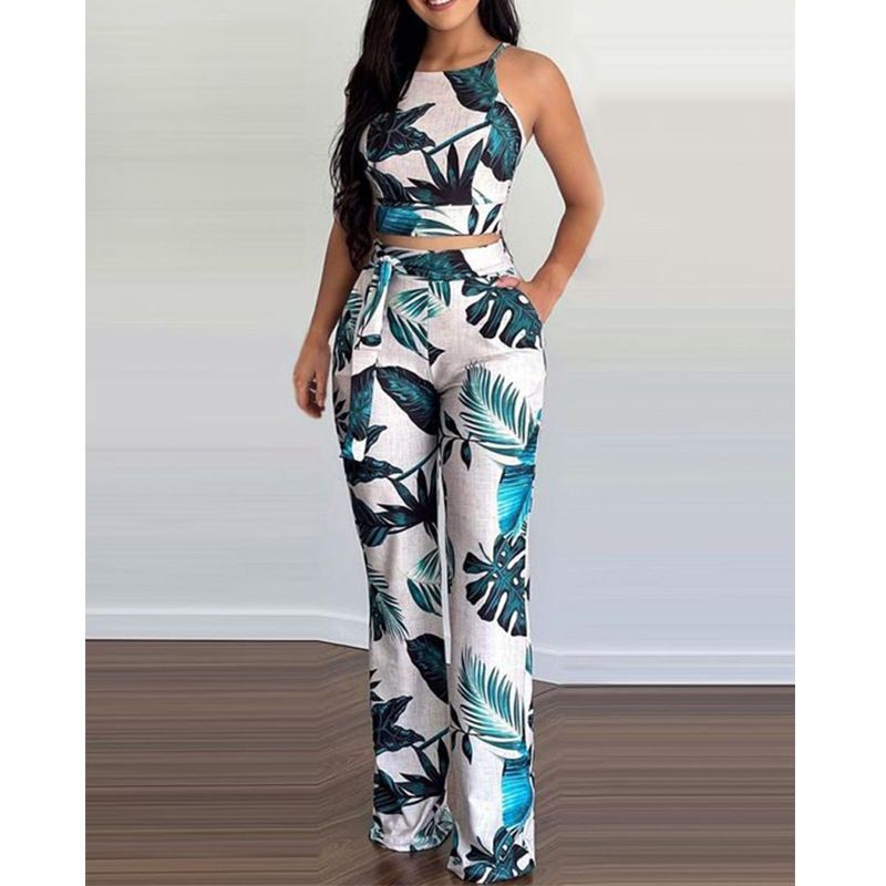 Vêtements pour femmes été deux pièces gilet court imprimé taille haute pantalon large costume de loisirs pour dames_voghion.com