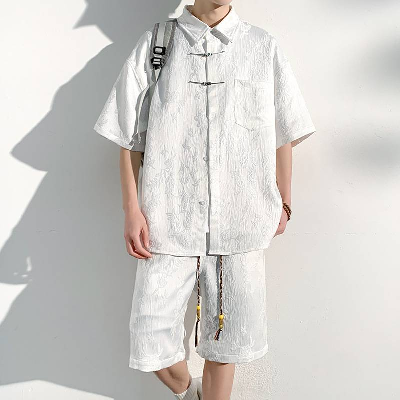 Traje de dos piezas de cinco puntos con cordón trenzado para hombre Traje holgado informal para hombre_voghion.com