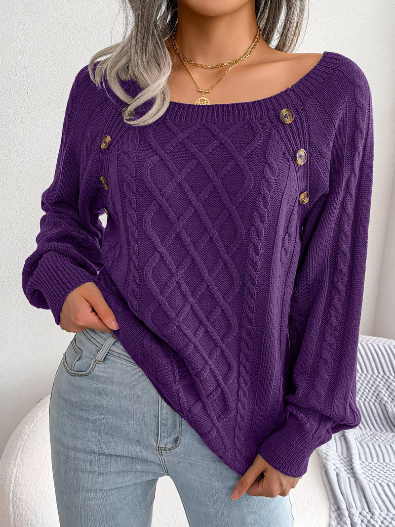 Womens Autumn Winter Cable Knit Sweater Solid Color Square Neck Buttons Long Sleeve Ribbed Knitted Pullover Loose Jumpers Tops_voghion.com