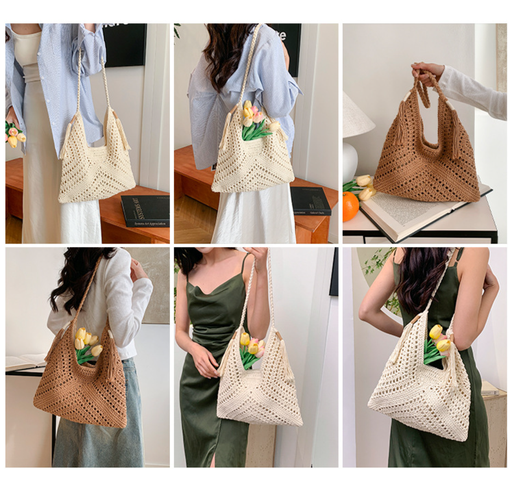 Borsa di paglia Borsa intrecciata Borsa intrecciata di grande capacità Borsa di paglia con frange da donna Borsa da spiaggia per vacanze al mare Borsa a tracolla casual da ascella_voghion.com