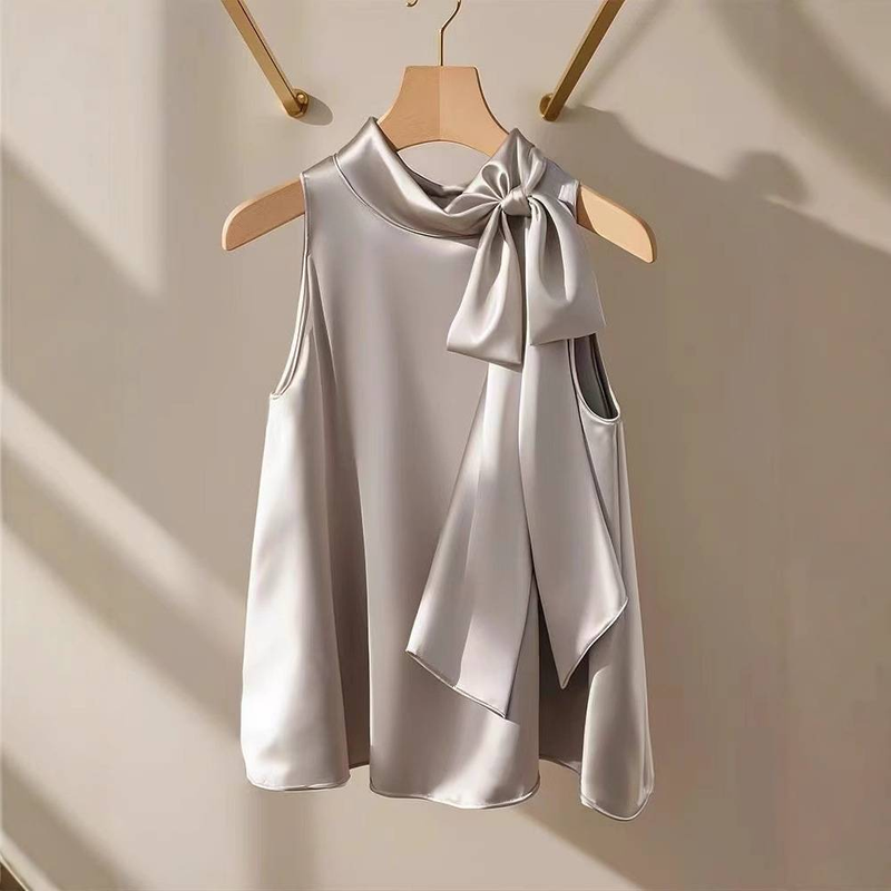 Women's Clothing High End Light Luxury Satin Halter Neck Bow Tie Shirt Summer New Style Temperament Niche Pullover Sleeveless Suspender Top_voghion.com