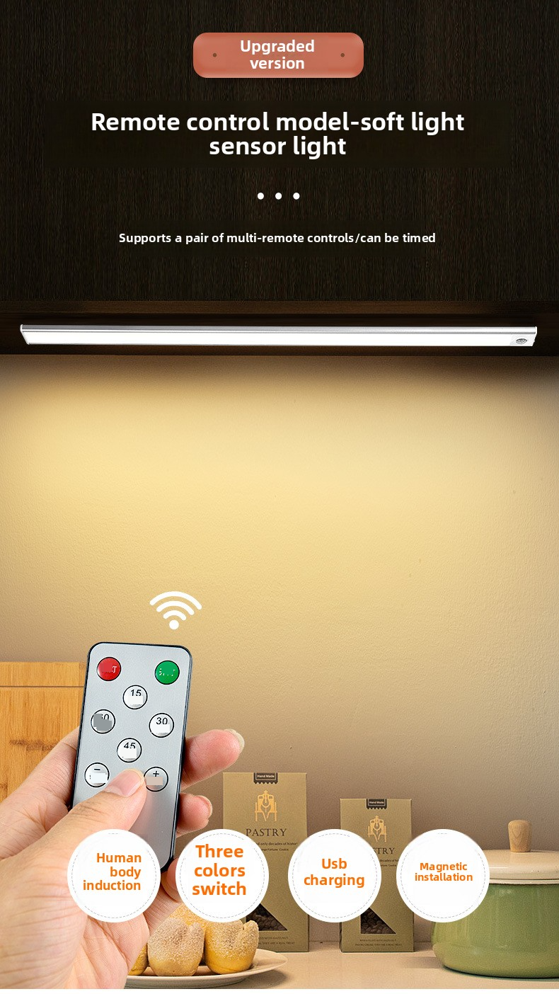 Striscia luminosa a LED con sensore di movimento intelligente - Ricaricabile, magnetica e autoadesiva per armadio/cucina/cantinetta (telecomando, dimmerabile, IP54, impermeabile)_voghion.com