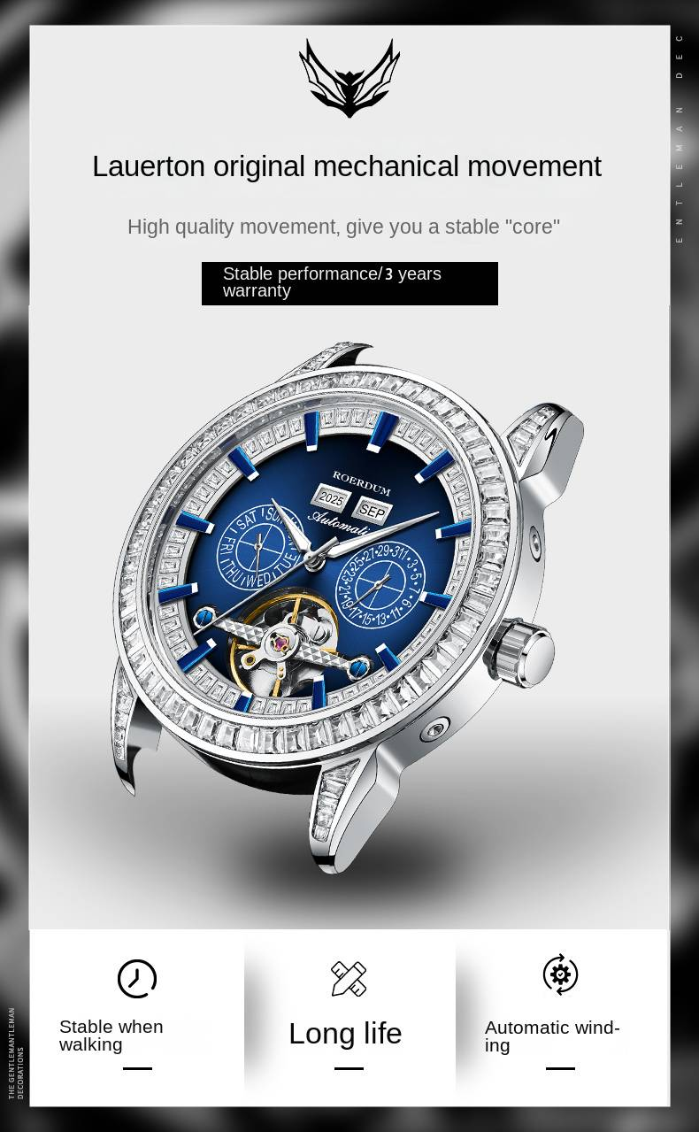 ROERDUM Pioneer Series – Leather Strap, Blue Triple Sub-Dial, Casual Fashion Men's Automatic Mechanical Watch_voghion.com