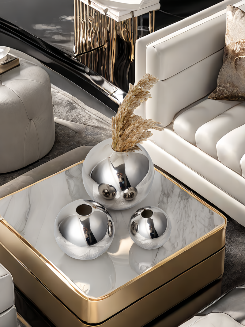 Vase rond en céramique argenté de style luxueux, idéal pour un salon, une entrée, un balcon ou une composition florale_voghion.com