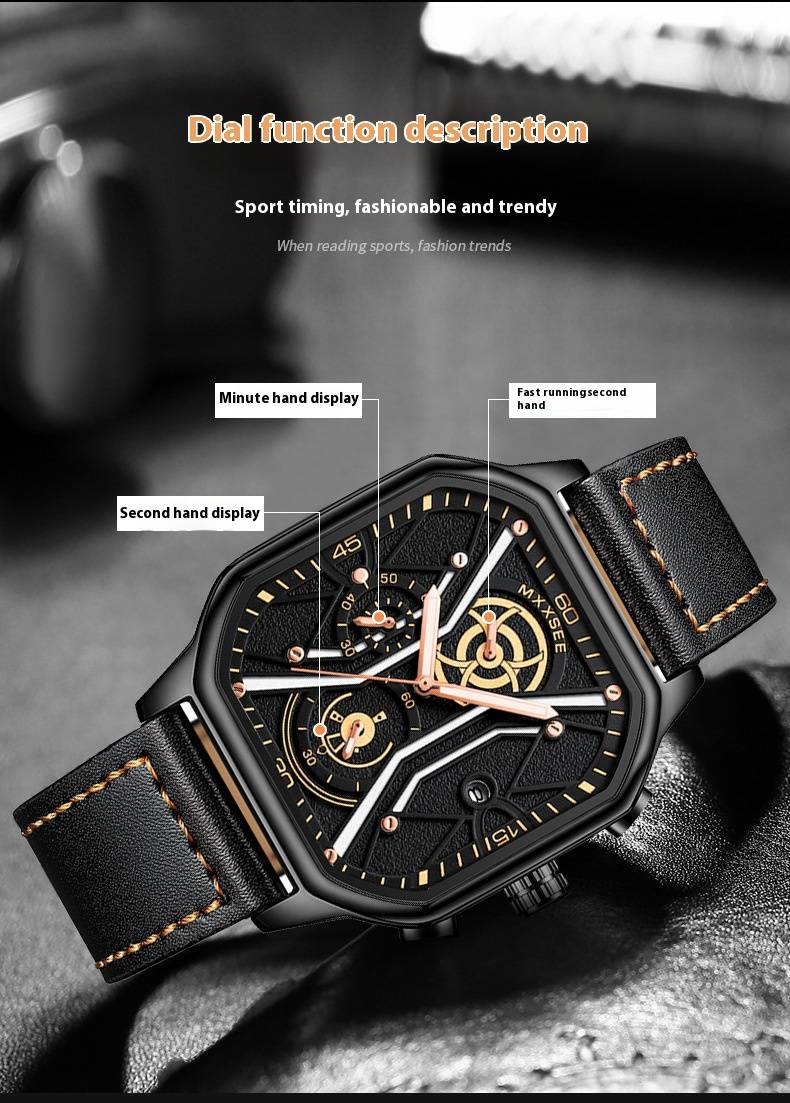 Orologio sportivo al quarzo da uomo con datario, lancette luminose, resistenza all'acqua fino a 30 m, cinturino in pelle, fibbia in acciaio inossidabile, vetro minerale._voghion.com