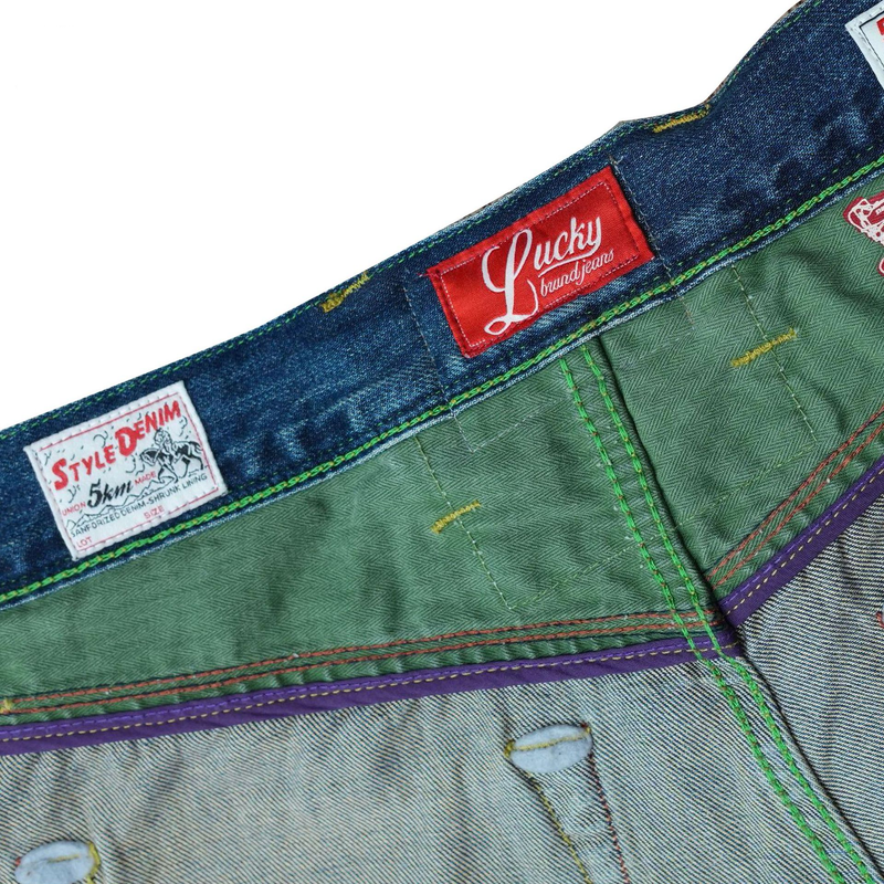 Vintage Washed Denim Shorts With Rainbow Selvedge & Embroidery - Relaxed Fit Mid-Rise Straight Leg Summer Shorts For Men_voghion.com