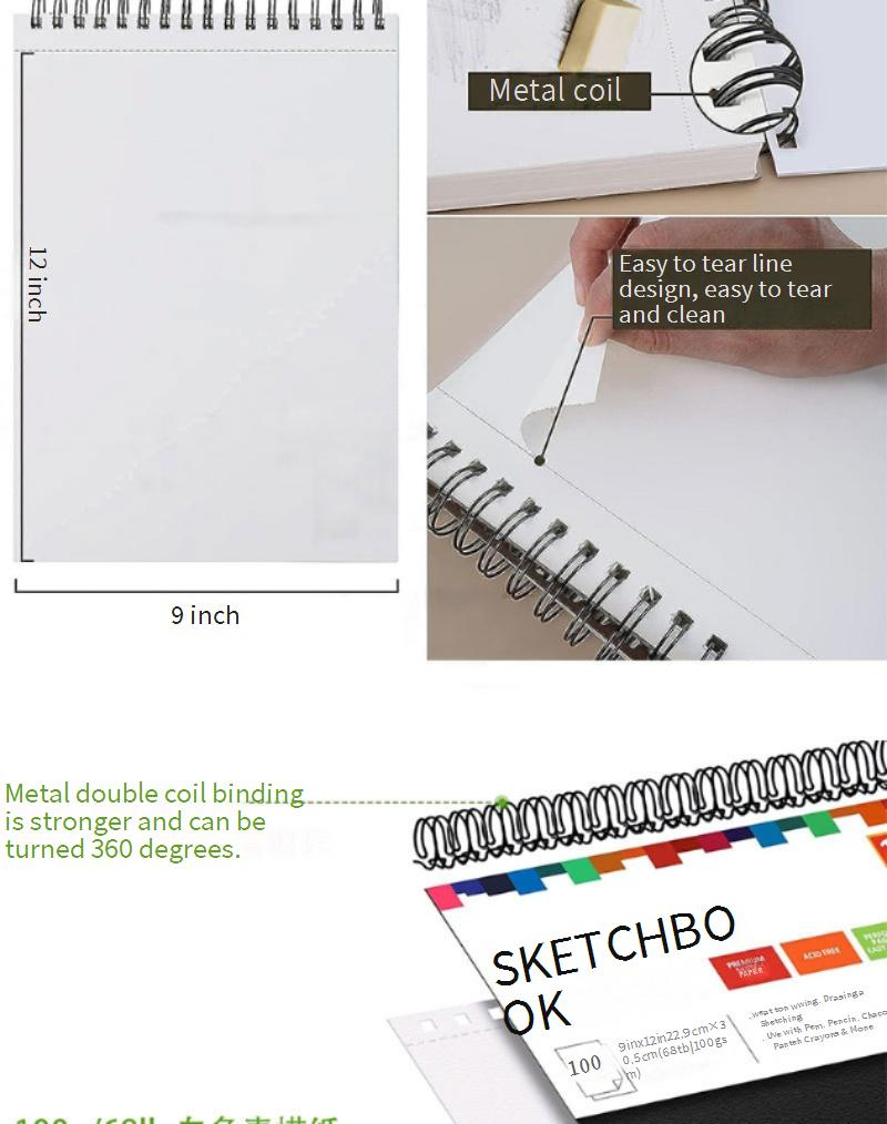 Professional 9x12 Inch Sketch Book - 200 Pages Blank Drawing Paper, Spiral Bound, Tear-Out Sheets For Artists, Students & Hobbyists_voghion.com