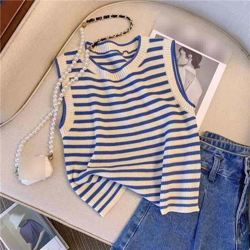 Top senza maniche in maglia a righe in stile francese - Capo casual da donna per la primavera/estate_voghion.com