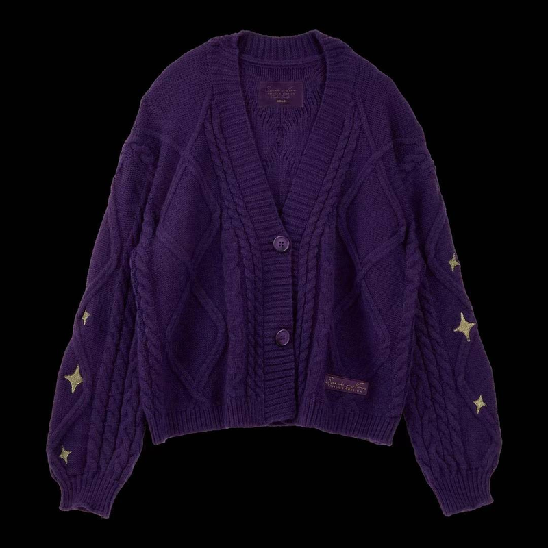 Cardigan violet d'inspiration vintage avec broderies étoiles et manches en maille torsadée - Pull oversize à col en V ouvert sur le devant pour femme_voghion.com