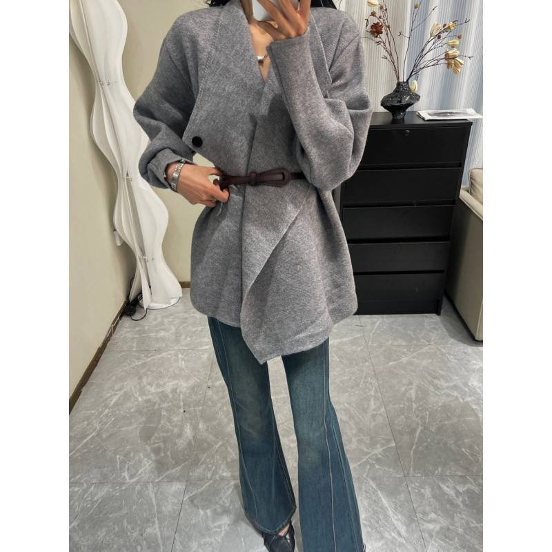 Elegante Damen-Strickjacke im koreanischen Stil, grob gestrickt, asymmetrischer Saum, Gürtel, Langarm-Blazer, Revers, Pullovermantel mit Knopfleiste_voghion.com