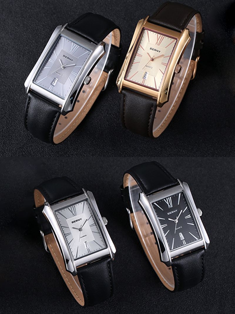 BERNY Men's Leather Watch Vintage Stainless Steel Rectangular Case Roman Dial Dress Analog Watch With Date Waterproof Classic Quartz Wrist Watches_voghion.com