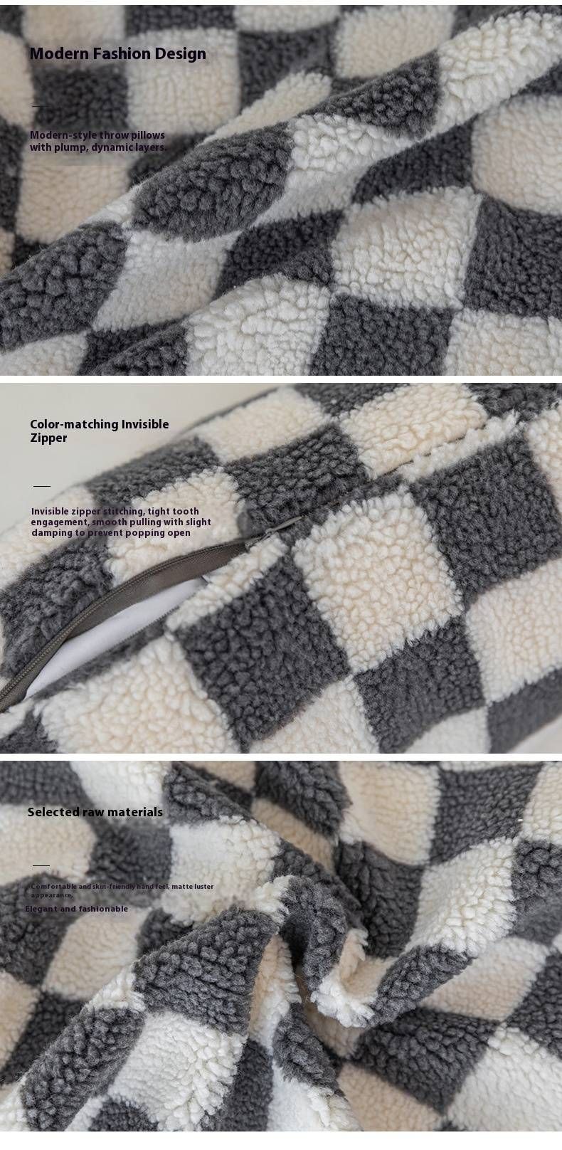 Checkered Plush Pillow Cover – Soft Polyester Car & Sofa Cushion Case (45x45cm/30x50cm, Geometric Print, Modern Minimalist Style, No Insert)_voghion.com