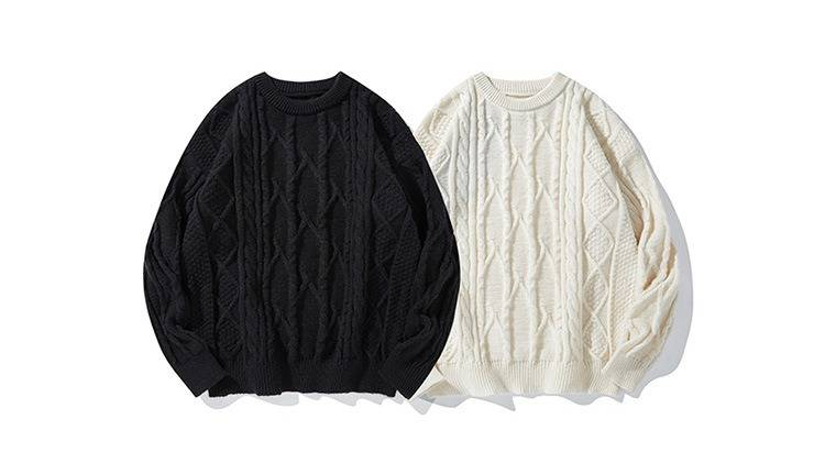 Men's Cable Knit Sweater - Oversized Casual Pullover With Ribbed Hem For Autumn/Winter (Black/Cream, M-Xxl)_voghion.com