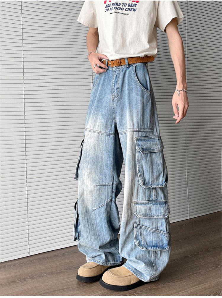 Pantalon de travail ample à jambes larges et délavé pour homme, marque de mode de grande rue, style rétro_voghion.com