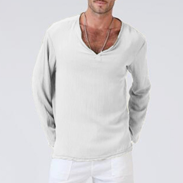Herren T-Shirt aus Baumwolle und Leinen, einfarbig, V-Ausschnitt, lässig, Retro, locker, große Größe, Langarm_voghion.com