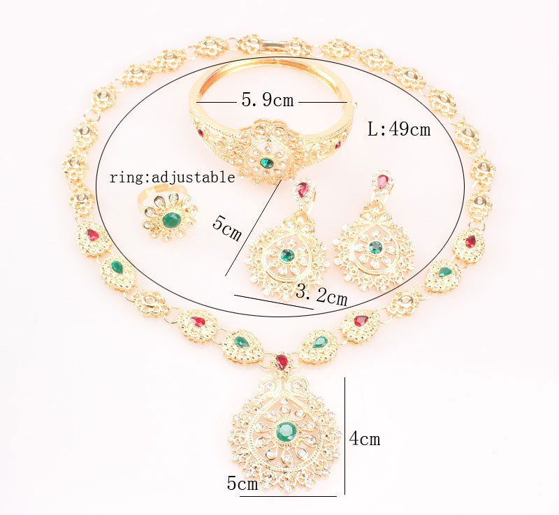 Klassische Schmucksets Halskette Ohrringe Armreif Ring Set Gold Farbe Grün Kristall Braut Hochzeit Zubehör für Frauen_voghion.com