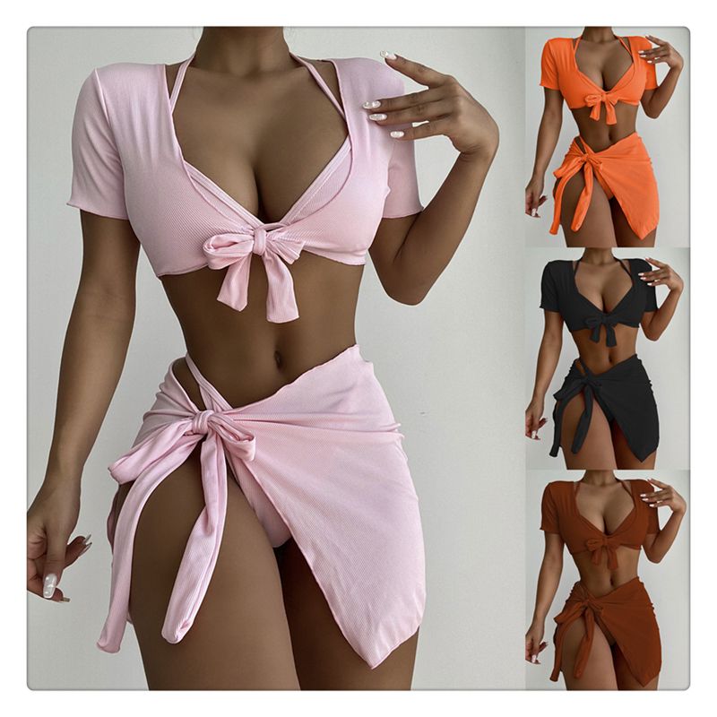 Nieuwe bikini vleesbedekking en dun vierdelig badpak Badpak Dames effen kleur meerdelig badpak_voghion.com
