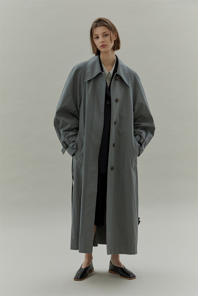 Trench lungo monopetto con risvolto e cintura da pendolare casual alla moda da donna_voghion.com