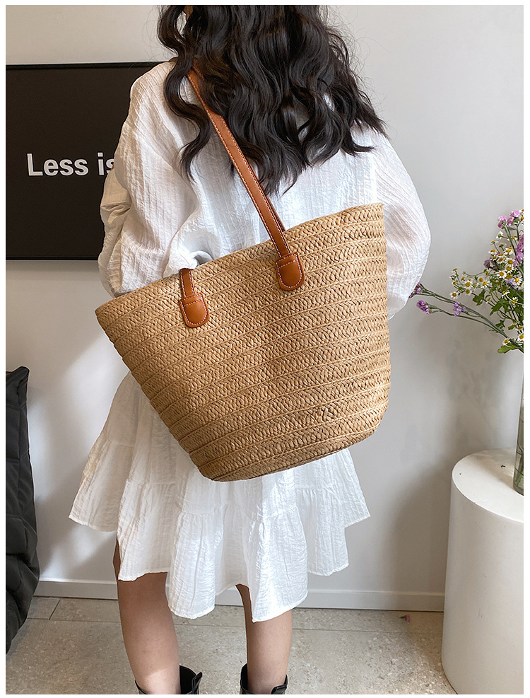 Bolso de mano tejido de alta capacidad, versátil y minimalista, con un solo hombro, bolso de playa para vacaciones para mujer_voghion.com