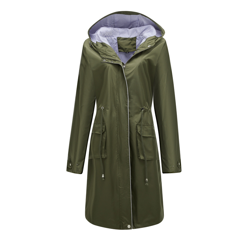 Trench casual da donna K Long con cappuccio, impermeabile, tinta unita con fodera a righe, cappotto dritto._voghion.com