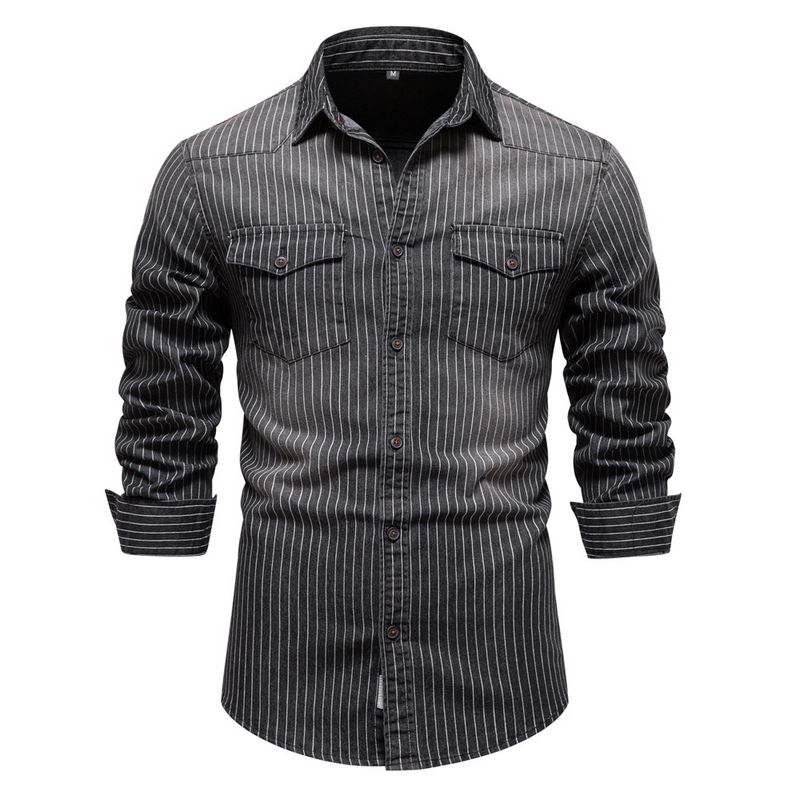 High-Quality Heavy-Duty Washed And Worn Striped For Men, Men's Long Sleeved Denim Shirt_voghion.com