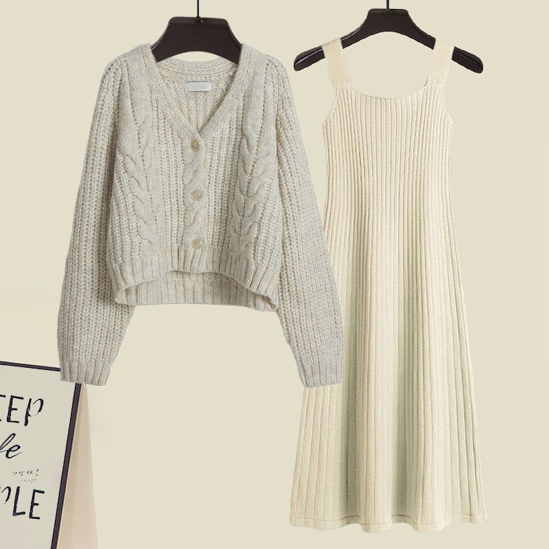 Completo da donna autunno/inverno composto da cardigan e abito in maglia, 2 pezzi – Completo elasticizzato snellente in grigio/beige/nero (M-4XL)_voghion.com