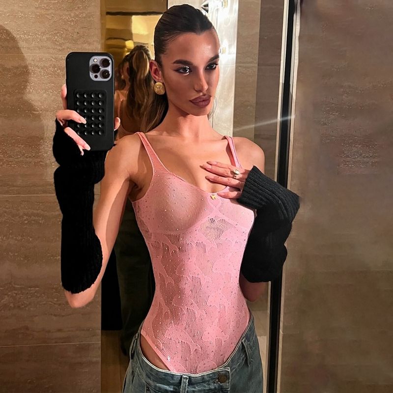 Ins Style Summer New Rhinestone Shiny Tight Mesh Bodysuit Sexy Hot Girl Strap Transparent Jumpsuit_voghion.com