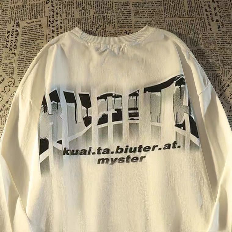 Maglietta a maniche lunghe in 100% cotone per uomo e donna, vestibilità ampia, stile scuro, top hip hop americano per l'autunno_voghion.com
