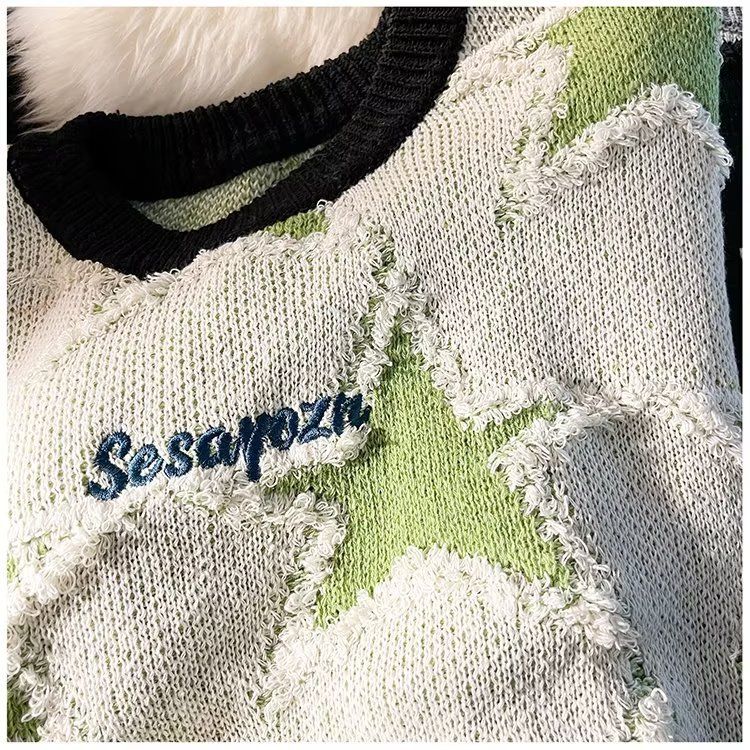 Herrenbekleidung Rundhals-Strickpullover mit Stern-Jacquard-Muster, Rundhals-Farbblock-Pullover, locker sitzendes Freizeitoberteil für Herbst und Winter_voghion.com