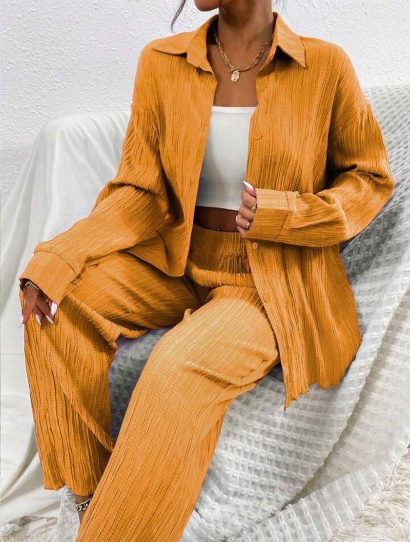 Ensemble deux pièces décontracté pour femmes européennes et américaines, couleur unie, drapé, ample, lisse, plissé, printemps et automne_voghion.com